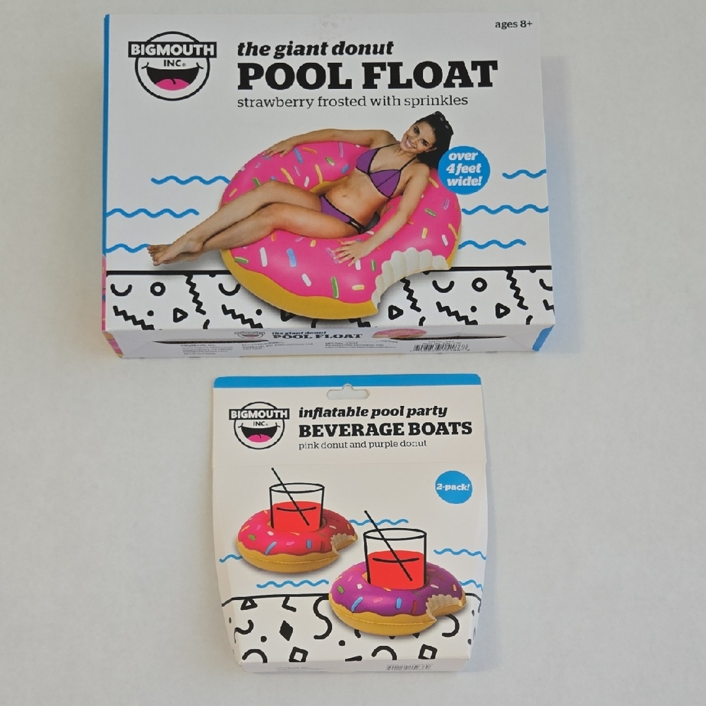 BigMouth Giant Donut Pool Float And 2 Donut Drink Float - New